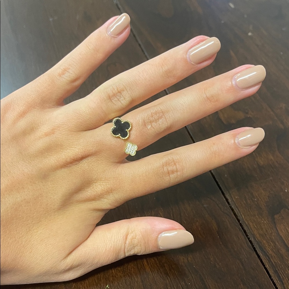 Gold Clover Open Ring with Black and White Accents - Women's Fashion Ring